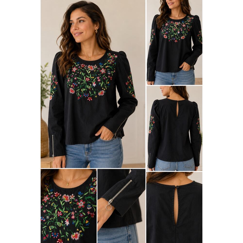 Zara Black Floral Embroidered Blouse M Boho Peasant Puff Sleeve Artsy Festival